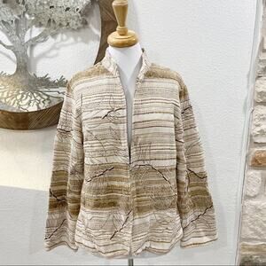 Anu by Natural Textured Embroidered Blazer Jacket Cream Tan Brown Stripe Medium